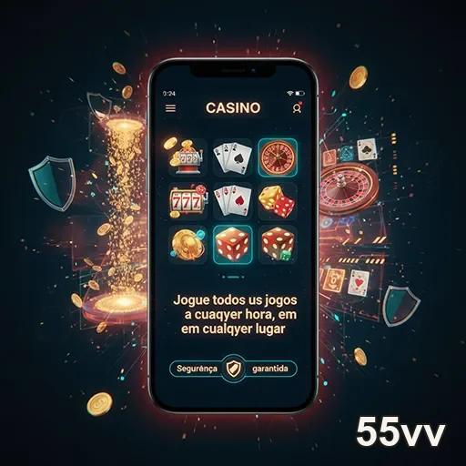 Interface do aplicativo de cassino 55vv, mostrando jogos e opções de apostas.